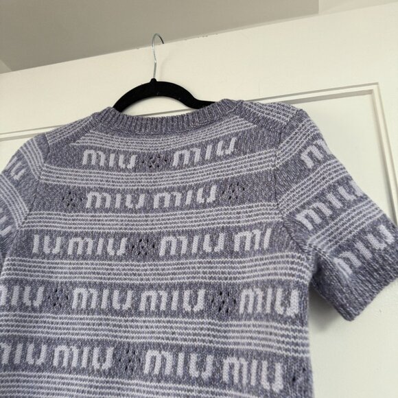 NWT Miu Miu Logo Intarsia Knit Shift Mini Dress Purple Cashmere Crew Neck Sz 38 - Picture 9 of 9
